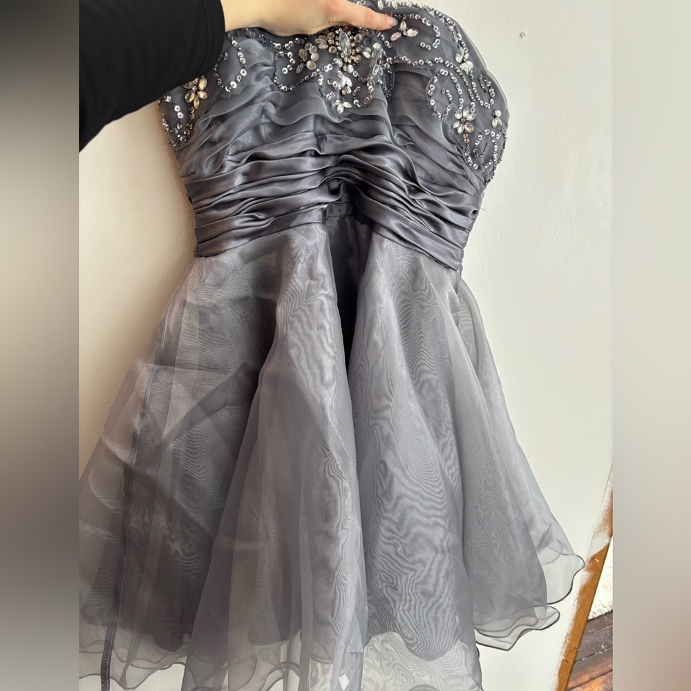 Jolie Gray Strapless Dress with Sequins Jewelled Bodice and Poof Organza Skirt
